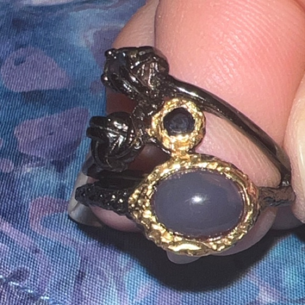 Opal & Black Spinel Oxidized Ring Gold Accents Size 7